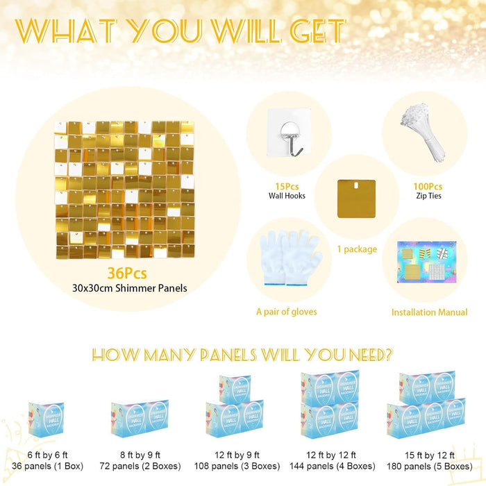 LJIE-House Champagne Shimmer Wall Backdrop Shimmer Panels Sequin Backdrop 36PCS Glitter Party Backdrop for Birthday Wedding Anniversary Engagement Baby Shower & Bachelorette Decorations Party