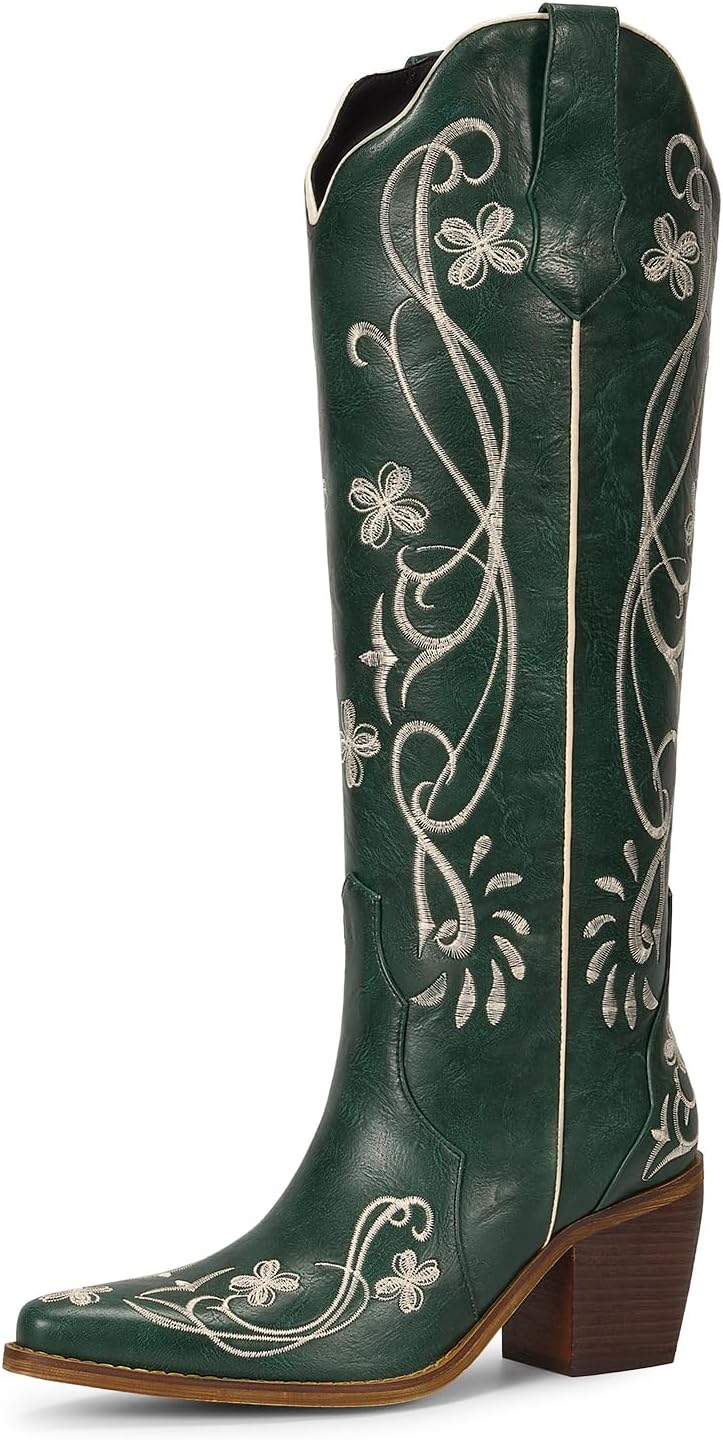 Platform Boots for Women, Heeled Combat Boots Chunky Heel Booties Round Toe Lace Up High Heel Ankle Boots - Moss Green Floral