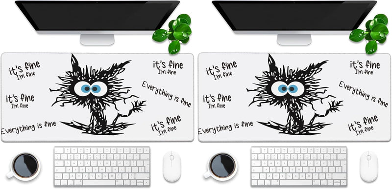Desk Pad, Green Honeycomb Science Technology Extended Gaming Mouse Pad Large, 35.4"x15.7" Big Mouse Pad with Non-Slip Base and Stitched Edge, Long Computer Keyboard Mouse Mat for Home Office Work - 35.4"x15.7" (Pack of 2) I'M Fine Black Cat