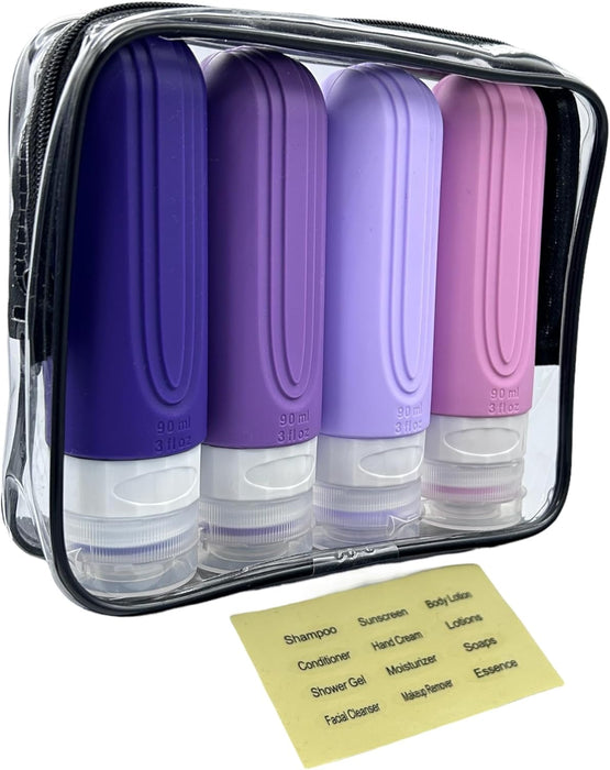 4 Silicone Travel Bottles for Toiletries with Labels & Clear Toiletry Bag TSA-Approved, Leak-Proof, for Shampoo, Lotion, Soap, Perfect for Traveling, Gym, Camping (90ml)