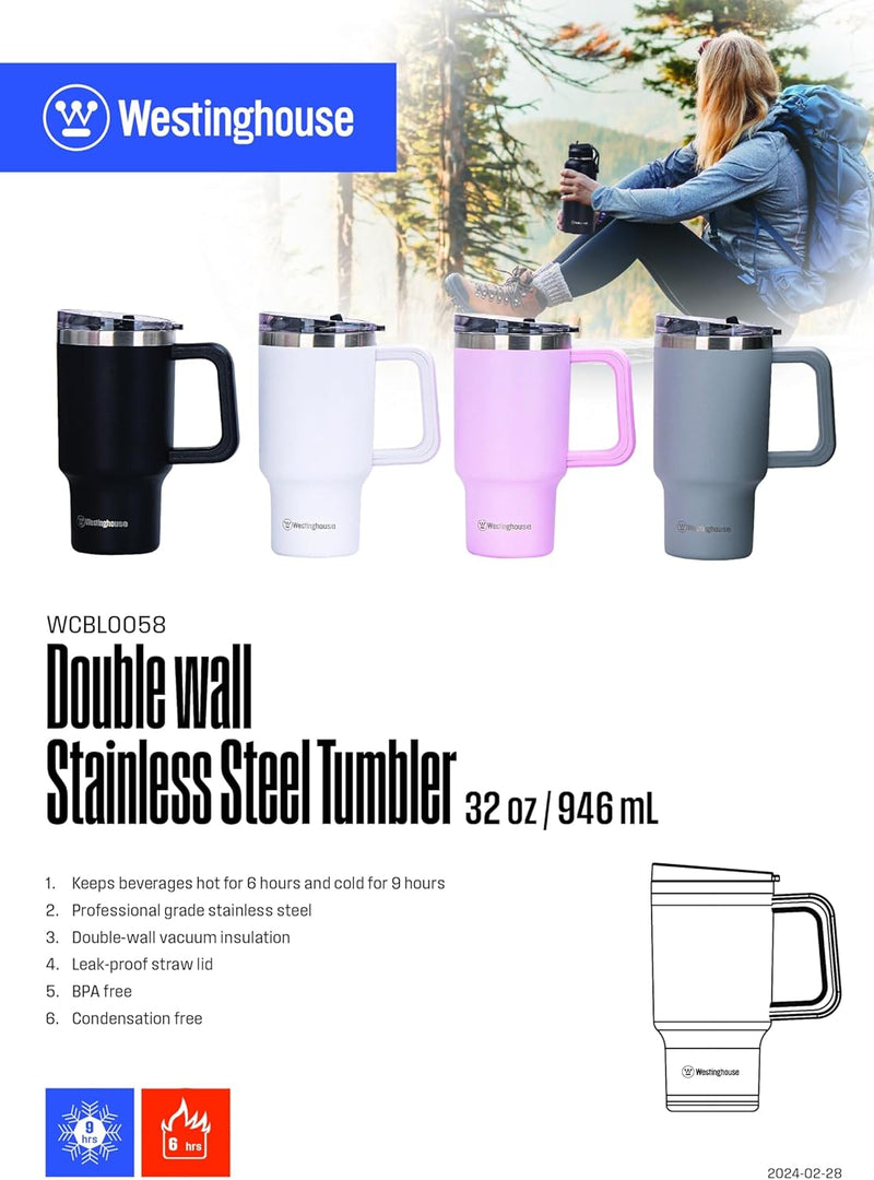 Westing House 32oz/946ml Double-Wall Stainless Steel Insulated Tumbler | BPA-Free Reusable Cup for Coffee, Water, Iced Tea & More | 6 hrs Hot & 9 hrs Cold | Ideal for Indoor & Outdoor Use | Black