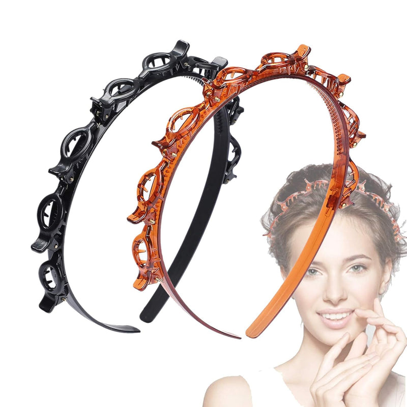 JASSINS 2 Pcs Double Bangs Hairstyle Hairpin Headband, Professional Weave Bangs Clip, Twist Clip Headband with Toothed Headband Braid Tool, Women Girls Fashion Hair Accessories (Black and Brown)