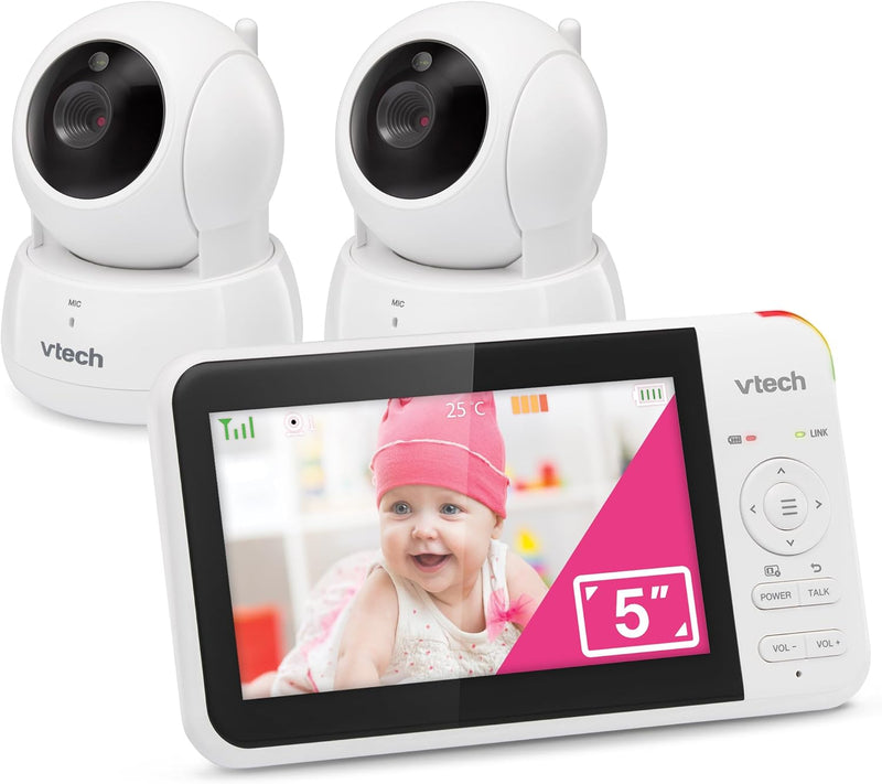 VTech VM924-2 Video Baby Monitor with 2 Cameras, Pan and Tilt, Baby Monitor with 5 Inch LCD Screen, Up to 17 Hours Battery Life, 1.33x Zoom, Night Vision, 300 m Long Range, Calming