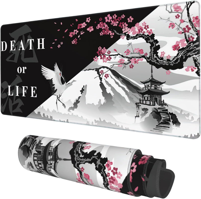 Desk Mat, Field Landscape Oil Painting Extended Gaming Mouse Pad Large, 31.5"x11.8" Big Mouse Pad with Non-Slip Base and Stitched Edge, Long Computer Keyboard Mouse Mat for Home Office Work - XXL-35.4"x15.7" Black and White Cherry Blossom