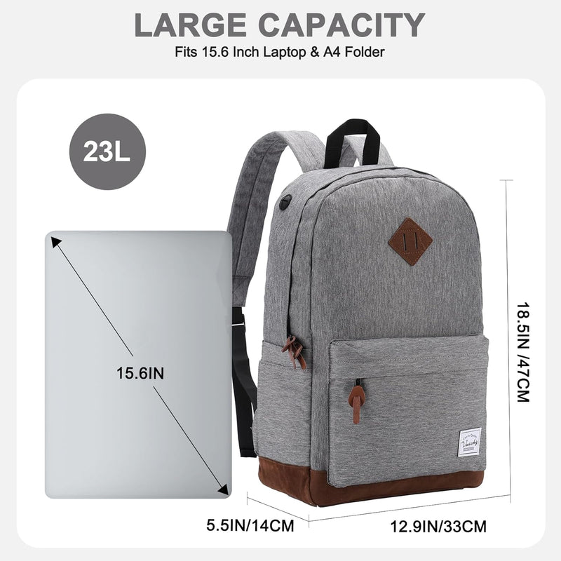 VASCHY Men's Backpack, Women's Waterproof School Bag, Boy Girl Computer 15.6 Inch Vintage for School, College, Work, Travel, Leisure