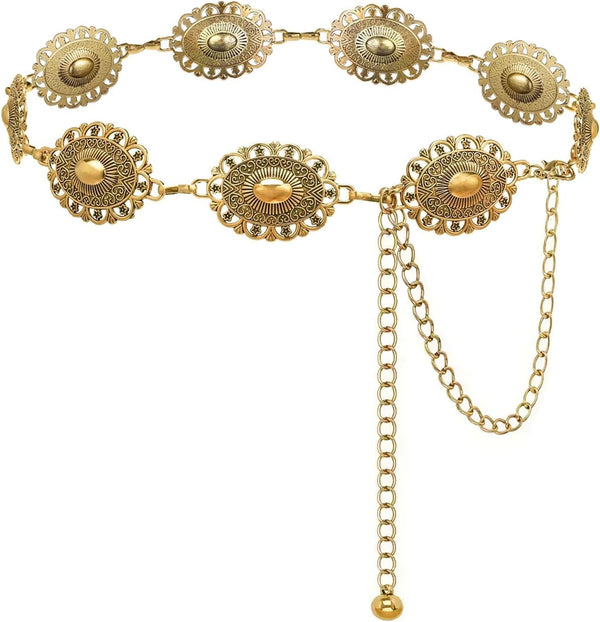 Western Concho Chain Belt for Women Boho Metal Belts For Country Concert Dresses Jeans Cowgirl Vintage Waist Belt