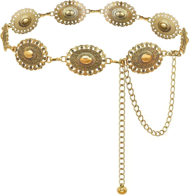 Western Concho Chain Belt for Women Boho Metal Belts For Country Concert Dresses Jeans Cowgirl Vintage Waist Belt - Black Golden