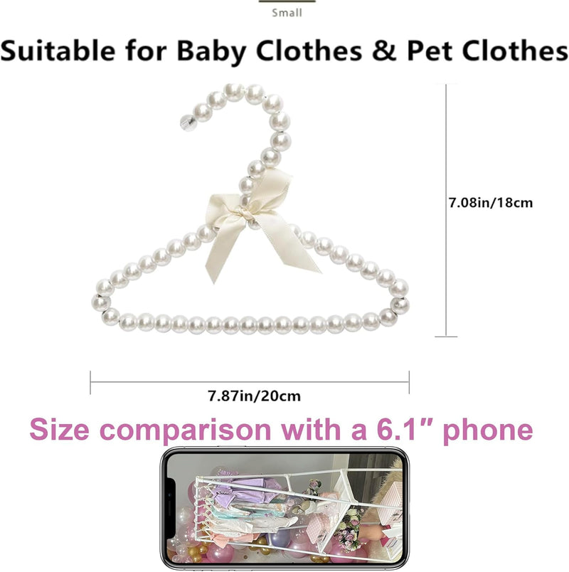 awagas 6Pack Baby Pet Dog Clothes Hangers, Mini Cute Pearl Hangers, Pearl Baby Hangers Faux Pearl Beaded Elegant Garment Clothes Hangers with Ribbon Bowknot for Pet Dog Cat Small Baby Kids Bebes Dolls