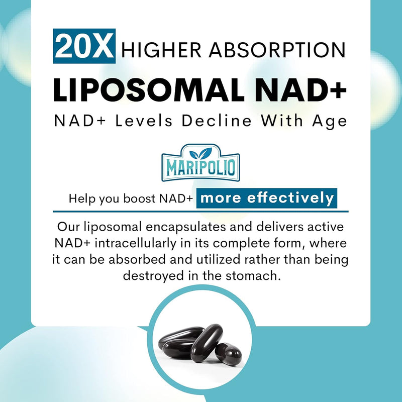 Maripolio Liposomal NAD+ Supplement 1000 mg Highest NAD Pontecy Max Absorption Pure NAD Supplement Energy and DNA Repair, Aging Defense, Brain Function 60 Softgels
