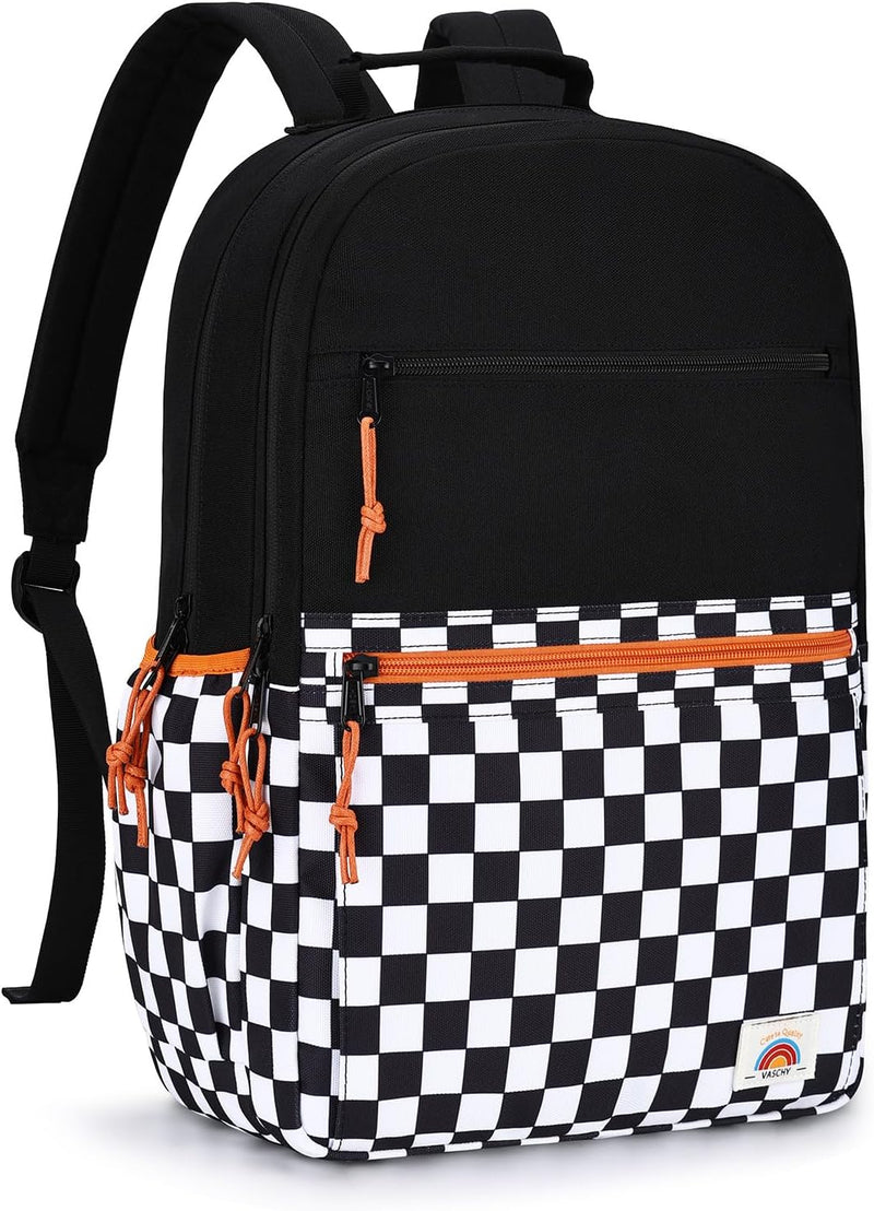 School Bag for Teen,Vaschy Lightweight Water Resistant Kids Toddller Backpack Boys Girls Plain Color-block Kids Bookbag Daypack with Two Sizes - Black Plaid-L
