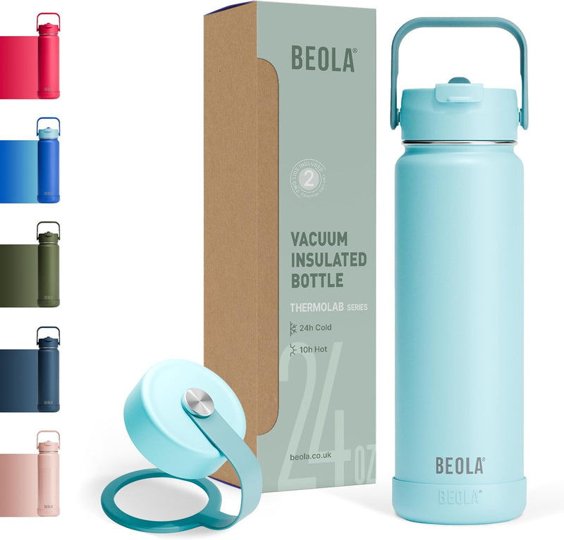 750ml Water Bottle 18/8 Stainless Steel 304 Double Wall Insulated thermo Bottle with Straw Lid and wide mouth, 2 lids included, Hot Cold Liquids Sports Bottle, 24oz (Raspberry) - Sage Mist