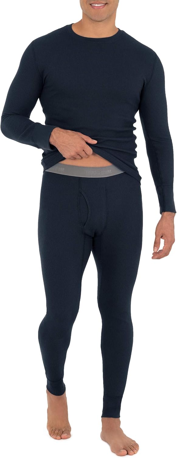 Men's Recycled Waffle Thermal Underwear Set (Top and Bottom) Pajama Set - Navy