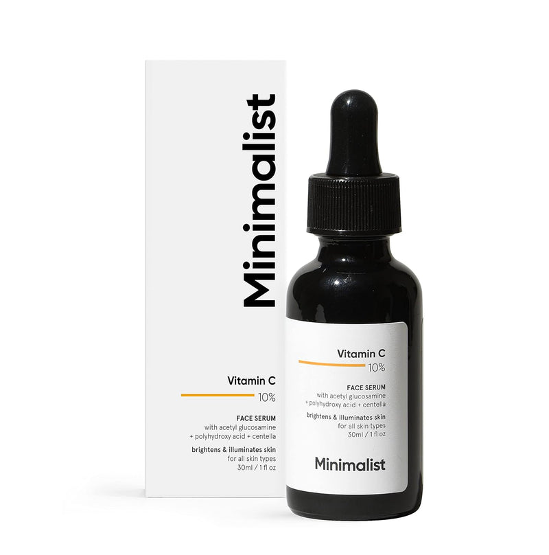 Minimalist 10% Vitamin C Face Serum for Skin Brightening | Highly Stable & Effective Face Serum with pure Ethyl Ascorbic Acid & Acetyl Glucosamine for Glowing Skin | 30ml