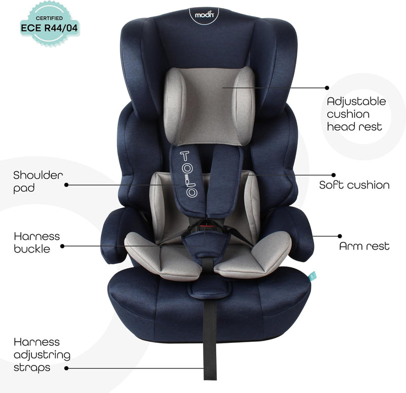 The Moon Brand Tolo Car Seat – Baby Travel Gear for Kids (9m to 11yrs) – ForwardFacing Child Booster Seat w/ Adjustable Headrest – Group 123 Comfort Car Accessories – Green