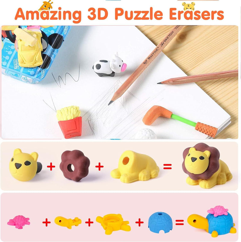 30 Pcs Animal Erasers Desk Pets for Kids Pencil Bulk Puzzle Erasers Toys Gifts for Classroom Prizes,Game Reward,Treasure Box,Easter Egg Fillers,Goodie Bag Stuffers,Party Favors