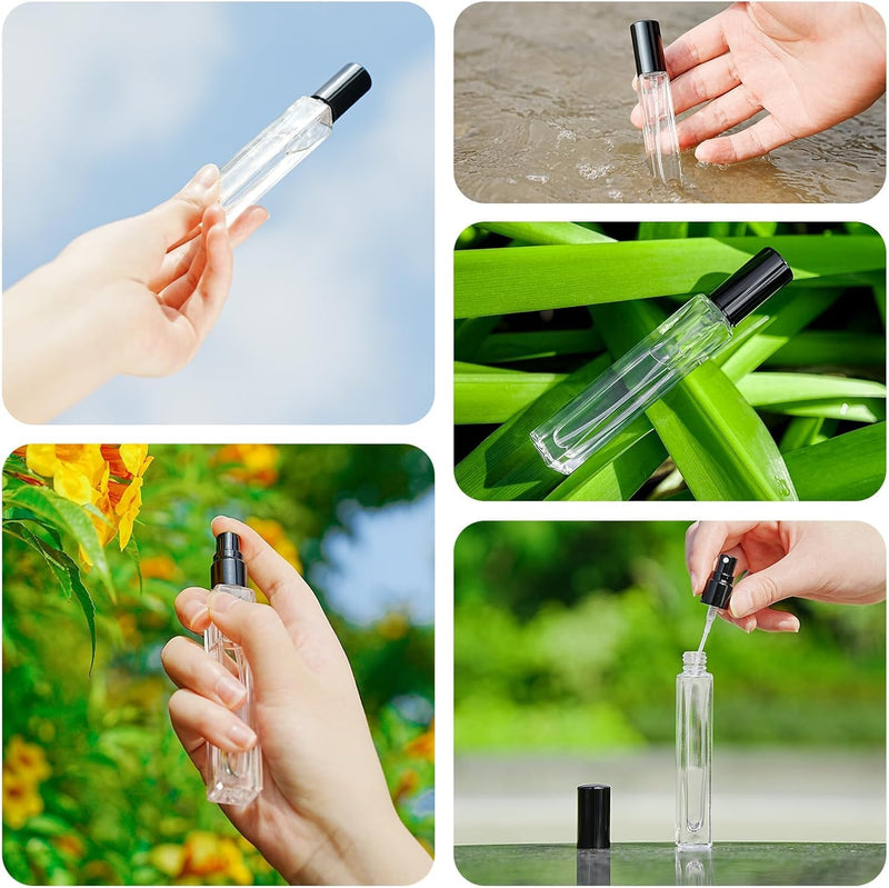 16Pcs 10ML Travel Perfume Bottles Refillable, Mini Clear Glass Spray Atomizers with Funnel & Labels, Leak-Proof Portable Fragrance Sample Containers for Essential Oils, Cosmetics, Toiletries