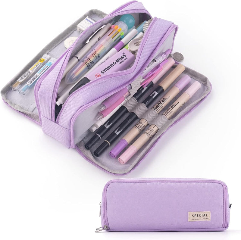 Pencil Case for Girls, Large Capacity Pencil Pouch 3 Compartment Pouch Pen Bag for School Teen Girl Boy Men Women (Purple)