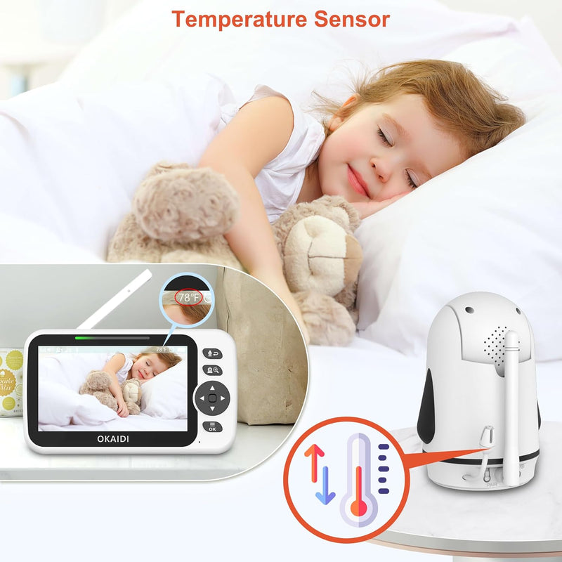 OKAIDI Video Baby Monitor with Camera and Audio, 5" Display Baby Monitor No WiFi, 30H Battery and 1000ft Range Baby Monitor, Remote Pan-Tilt-Zoom Baby Camera, Night Vision, 2-Way Talk, VOX,Temperature
