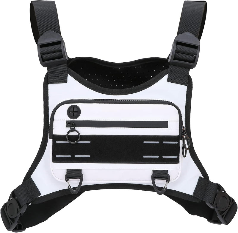 Sports Chest Bag For Men Women, Water Resistant Lightweight Front Chest Pack, Running Vest Bag With Built-In Phone Holder & Extra Storage For Workouts, Running, Cycling - White
