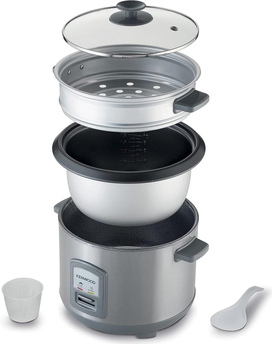 KENWOOD 2-in-1 Rice Cooker 1.8L 10-Cups Rice with Food Steamer Basket, Non-Stick Cooking Pot, Temepered Glass Lid, Warm/Cook Lights, Spatula Holder, Detachable Cord RCM44.000RD Red
