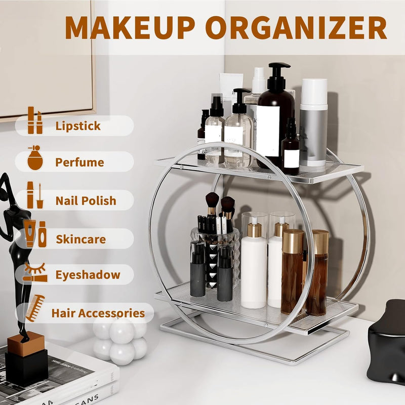 WEKOTEE Makeup Organizer for Vanity, Black Gold Perfume Organizer for Dresser- 2 Tier Skincare Organizers Bathroom Countertop Organizer, Make Up Counter Shelf Cosmetic Display Tray (55-02)