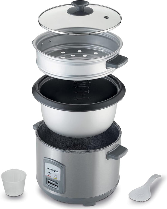KENWOOD 2-in-1 Rice Cooker 2.8L 16-Cups Rice with Food Steamer Basket, Non-Stick Cooking Pot, Temepered Glass Lid, Warm/Cook Lights, Spatula Holder, Detachable Cord RCM71.000SS Silver