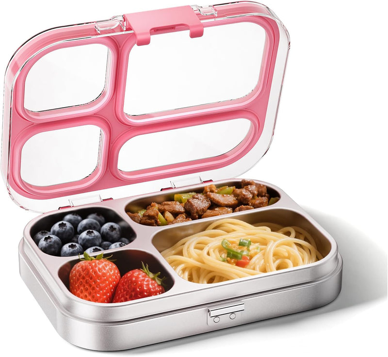 G.a HOMEFAVOR Kids Stainless Steel Lunch Box - 4-Compartment Bento Box with Locking Lid, One-Touch Latch, Leakproof Food Container for School, Travel, 800 ml, Blue - 800ml, 4 compartiments, pink