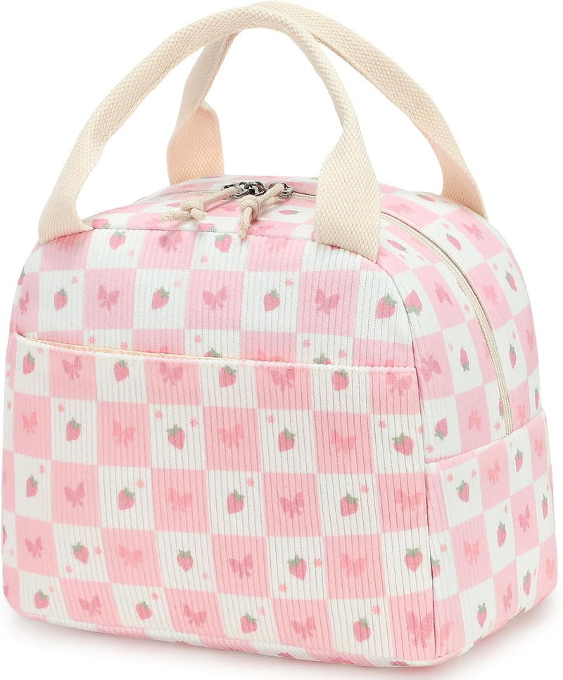 Lunch Bag for Women Men Cute Corduroy Lunch Tote Bags Reusable Insulated Lunch Box Large Capacity Reusable Insulated Cooler for Work Picnic or Travel (Corduroy strawberry) - Strawberry Bow 246