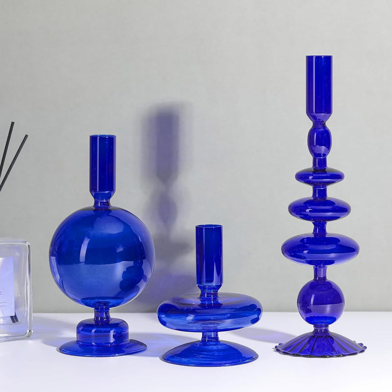 Rtteri 3 Pcs Glass Candlestick Holders Glass Taper Candle Holders Groovy Candlestick Wavy Glass Candlestick Holders Elegant Glass Candlestick Glass Vases for Home Party Centerpiece (Green)