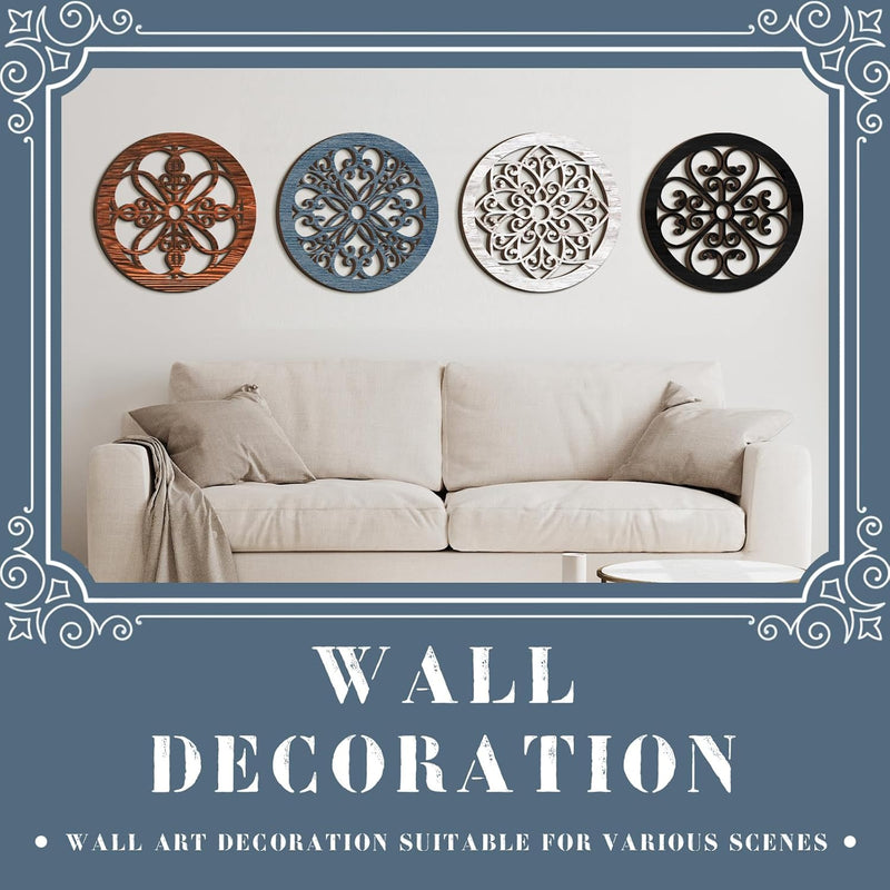 Yulejo 4 Pcs Thicken Rustic Wall Decor Farmhouse Wall Art Wooden Hollow Carved Design Decor Rustic Round Wall Art for Living Room Bedroom Hallway Decor Kitchen Wall (Black, Brown,9.8 x 9.8 Inch)