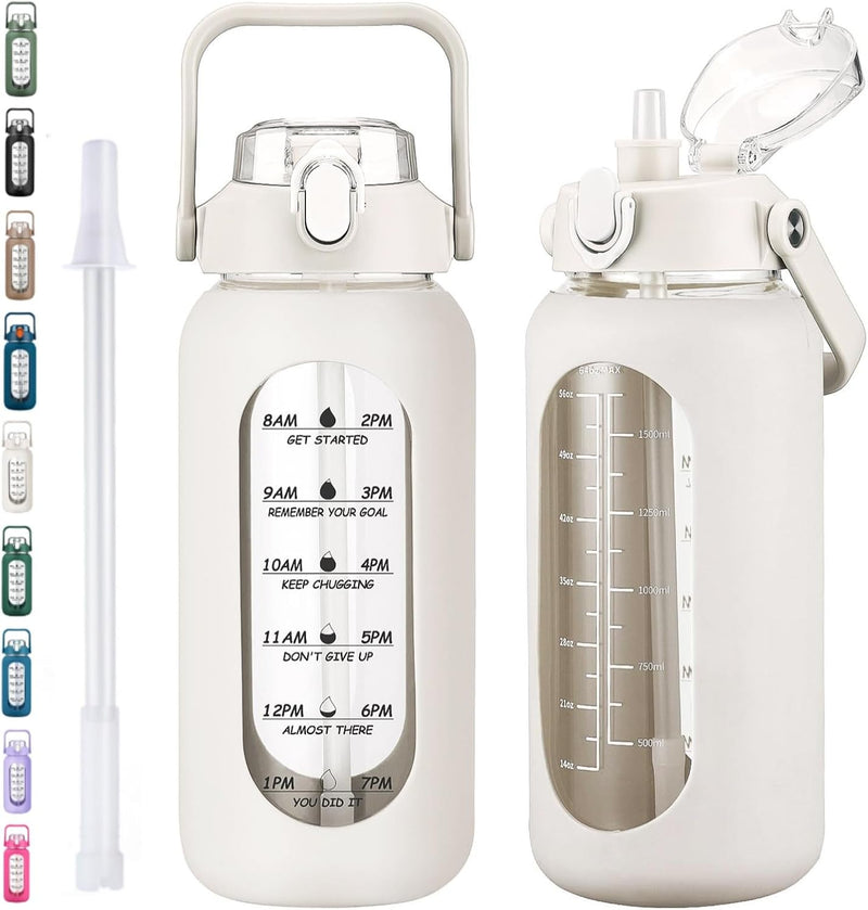 64oz Glass Water Bottles with Straw, Half Gallon Motivational Glass Bottle with Silicone Sleeve and Time Marker, 2L Leakproof Large Glass Water Jug for Gym Home Office,Black - 64 Ounces White