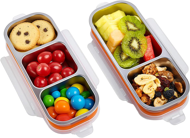 Stainless Steel Snackle Box Container, Orange, 2 Pack Bento Box for Kids & Adults, 2 Compartment and 3 Compartment, Leak-Proof, With Lids - Orange 2+3 Compartment