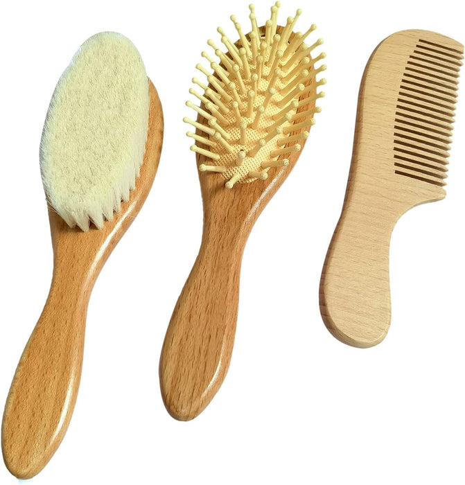 3 Piece Baby Hair Brush and Comb Set for Newborn Toddlers- Natural Wooden Hairbrush with Soft Goat Bristles for Cradle Cap - Perfect Scalp Grooming Product for Infant, Toddler, Kids, Baby