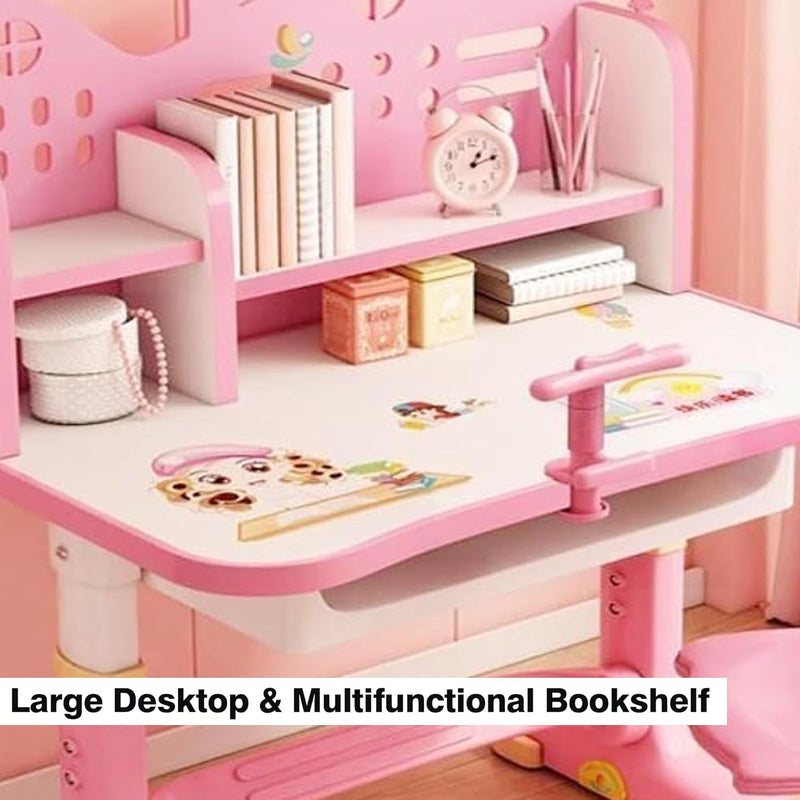 Height Adjustable Kids Desk and Chair Set, Study Table with Bookshelf & Drawer, Ergonomic School Desk Set for Boys & Girls, Bedroom Furniture for Children