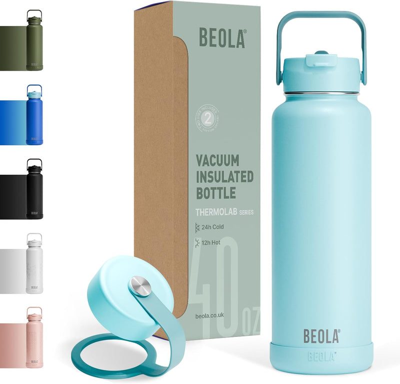 1200ml Water Bottle 18/8 Stainless Steel Double Wall Insulated Bottle, with Straw Lid and Wide Mouth, 2 lids included, Hot Cold Water Flask Sports Bottle, 40oz (Lava Gray) - Sage Mist