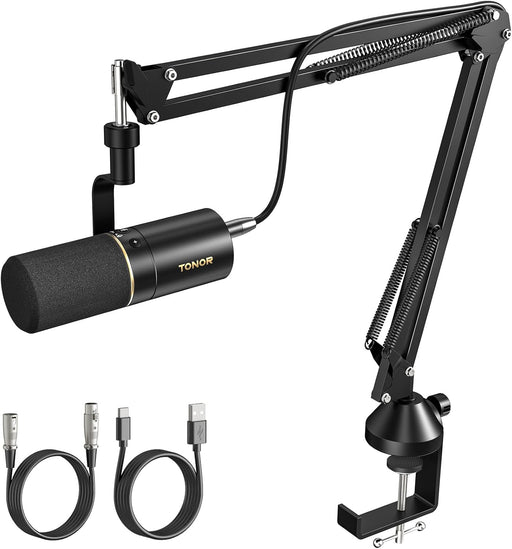 TONOR Dynamic Microphone, XLR/USB Microphone for Podcast, Recording, Streaming, Gaming, XLR Cardioid Studio Mic with Quick Mute, 3.5mm Headphone Jack, Volume Control, Mic with Boom Arm, Black, TD510+ - Microphone with Boom Arm