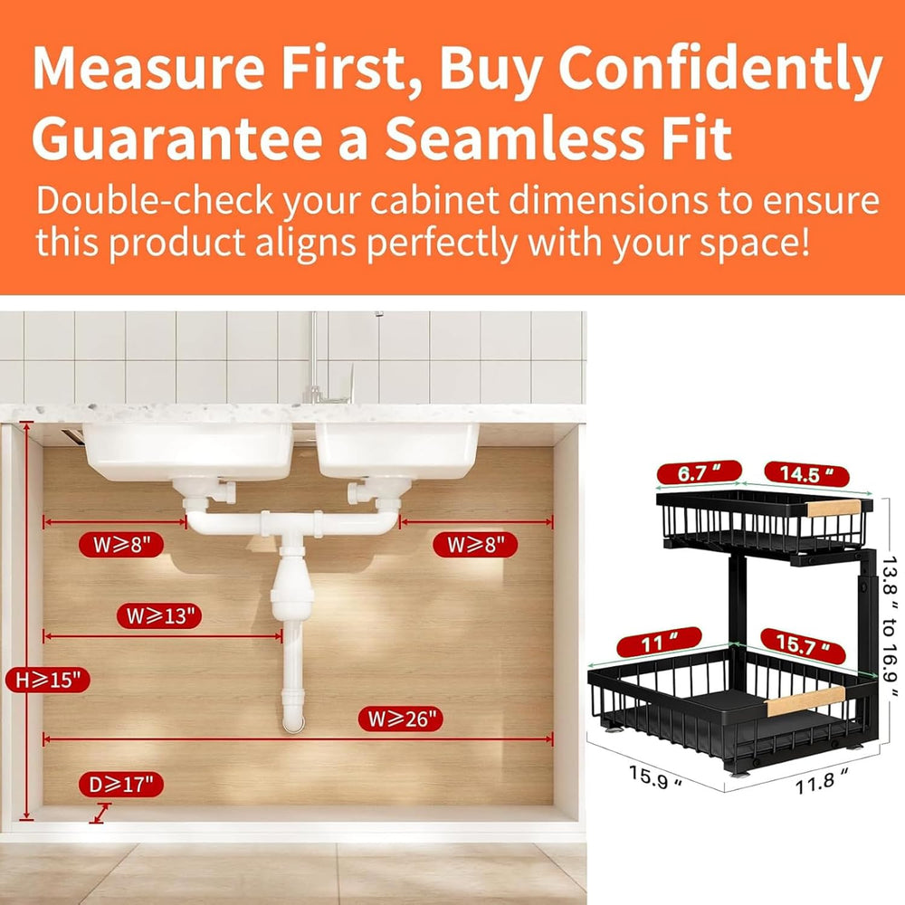 Under Sink Organizer, Height Adjustable Under Sink Organizers and Storage, 2 Tier Pull Out Drawer Cabinet Storage for Kitchen Bathroom, 1 Pack