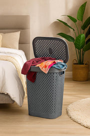 Premium Plastic Laundry Basket with Lid 55 Litre Durable & Ventilated Clothes Hamper for Laundry Storage Large Capacity, Lightweight & Easy to Carry Random Colors (White or Grey)