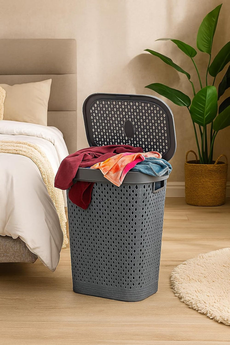 Premium Plastic Laundry Basket with Lid 55 Litre Durable & Ventilated Clothes Hamper for Laundry Storage Large Capacity, Lightweight & Easy to Carry Random Colors (White or Grey)