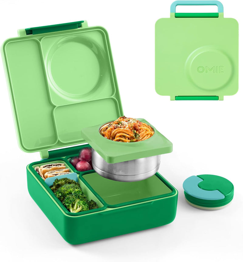 OmieBox Bento Box for Kids - Insulated Bento Lunch Box with Leak Proof Vacuum Insulated Food Jar - 3 Compartments, Two Temperature Zones (Blue Sky) - Apple Green OMIEBOX (AGE 3-8 Years old)