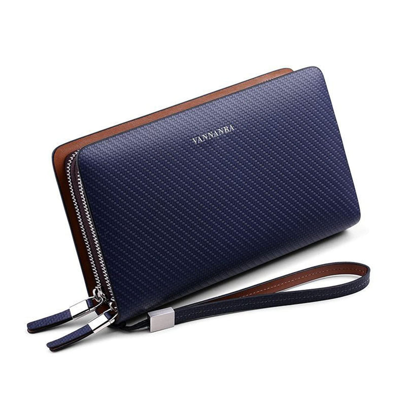 VANNANBA Men Clutch Wallet Large leather clutch bag Business Double Zip Handbag Blue Black