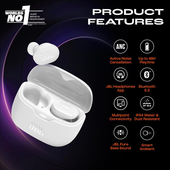 JBL Tune Buds True Wireless Noise Cancellling Earbuds, Pure Bass Sound, Bluetooth 5.3, LE Audio Support, Smart Ambient, 4-Mic Technology, 48H Battery, Water and Dust Resistant - White, JBLTBUDSWHT