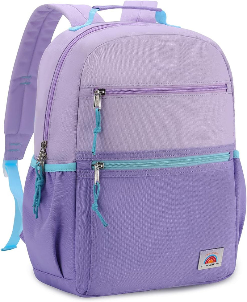 School Bag for Teen,Vaschy Lightweight Water Resistant Kids Toddller Backpack Boys Girls Plain Color-block Kids Bookbag Daypack with Two Sizes - Light Purple-S