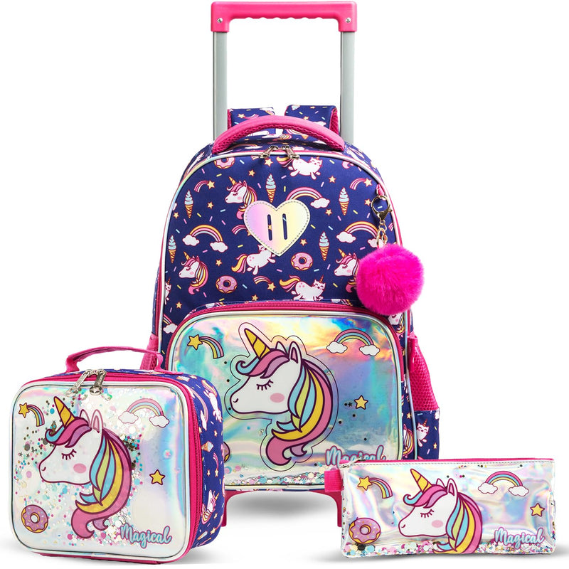 Eazy Kids - 16" Set of 3 Trolley School Bag Lunch Bag & Pencil Case Unicorn Chrome - Blue