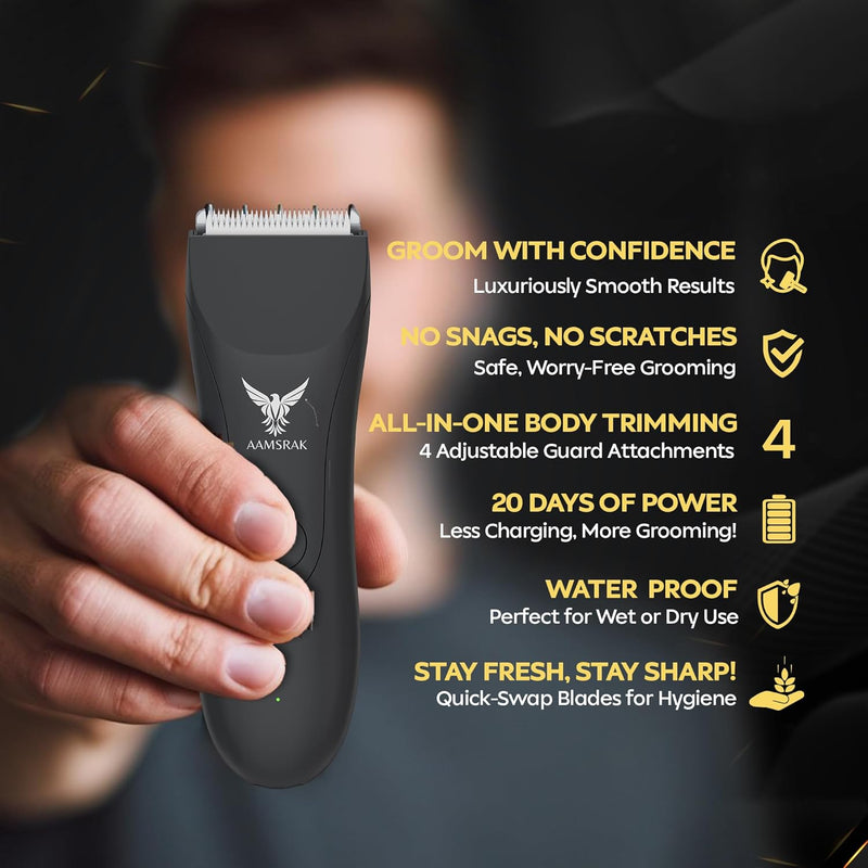 AAMSRAK® Grooming Hair Trimmer | Waterproof, Skin safe | Zero Gapped, Beard Trimmer For Men | Nose, Ear, Body, Balls, Trimmer Cordless, Electric Shaver, Long Battery, Including 2X Guided Combs