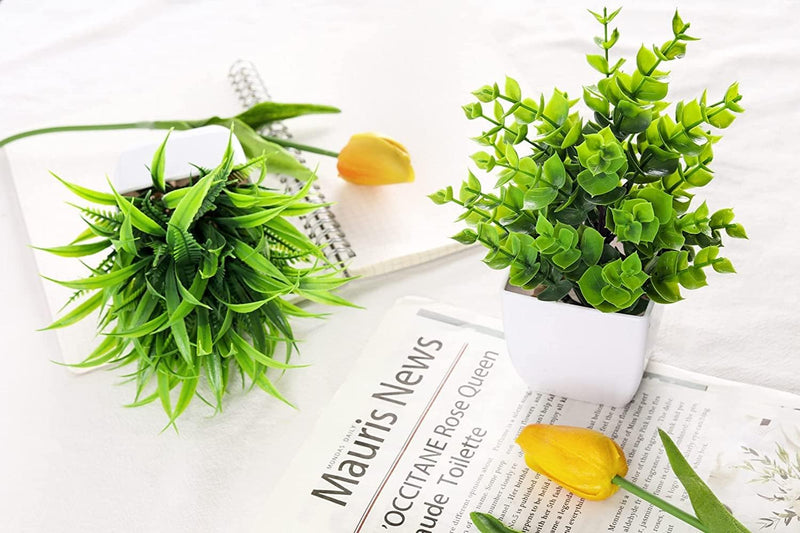 Dekorly Artificial Potted Plants, 8 Pack Artificial Plastic Eucalyptus Plants Small Indoor Potted Houseplants, Small Faux Plants for Home Decor Bathroom Office Farmhouse (Set 0F 8)