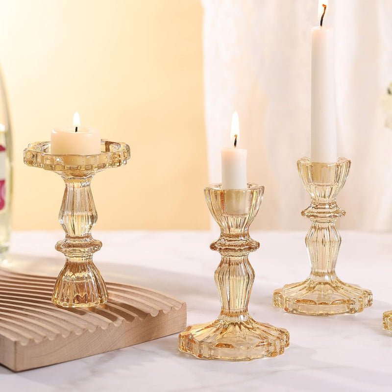 Simeitol Glass Candlestick Holders Bulk, 6PCS Crystal Taper Candle Holders Set, Gold Tall Candle Stick Holder Stand for DIY, Festival, Party, Table Decor
