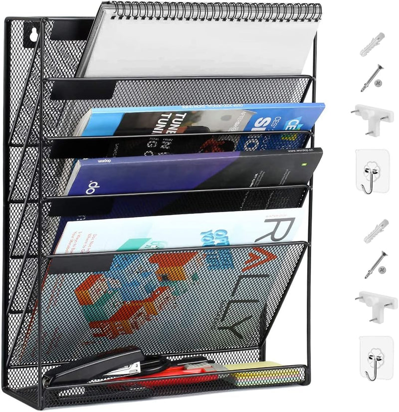 Wall File Organizer 5 Tier Metal Mesh Wall File Holder, Vertical Magazine Rack with Bottom Flat Tray Pockets Nametag Label, Office Hanging Folder Paper Document Storage Mail Sorter Bin for Home School