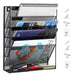 Wall File Organizer 5 Tier Metal Mesh Wall File Holder, Vertical Magazine Rack with Bottom Flat Tray Pockets Nametag Label, Office Hanging Folder Paper Document Storage Mail Sorter Bin for Home School