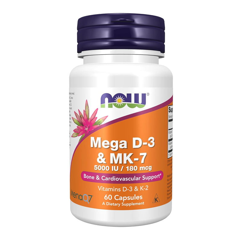 NOW Supplements, Mega D-3 & MK-7 with Vitamins D-3 & K-2, 5,000 IU/180 mcg, Bone & Cardiovascular Support*, 60 Veg Capsules